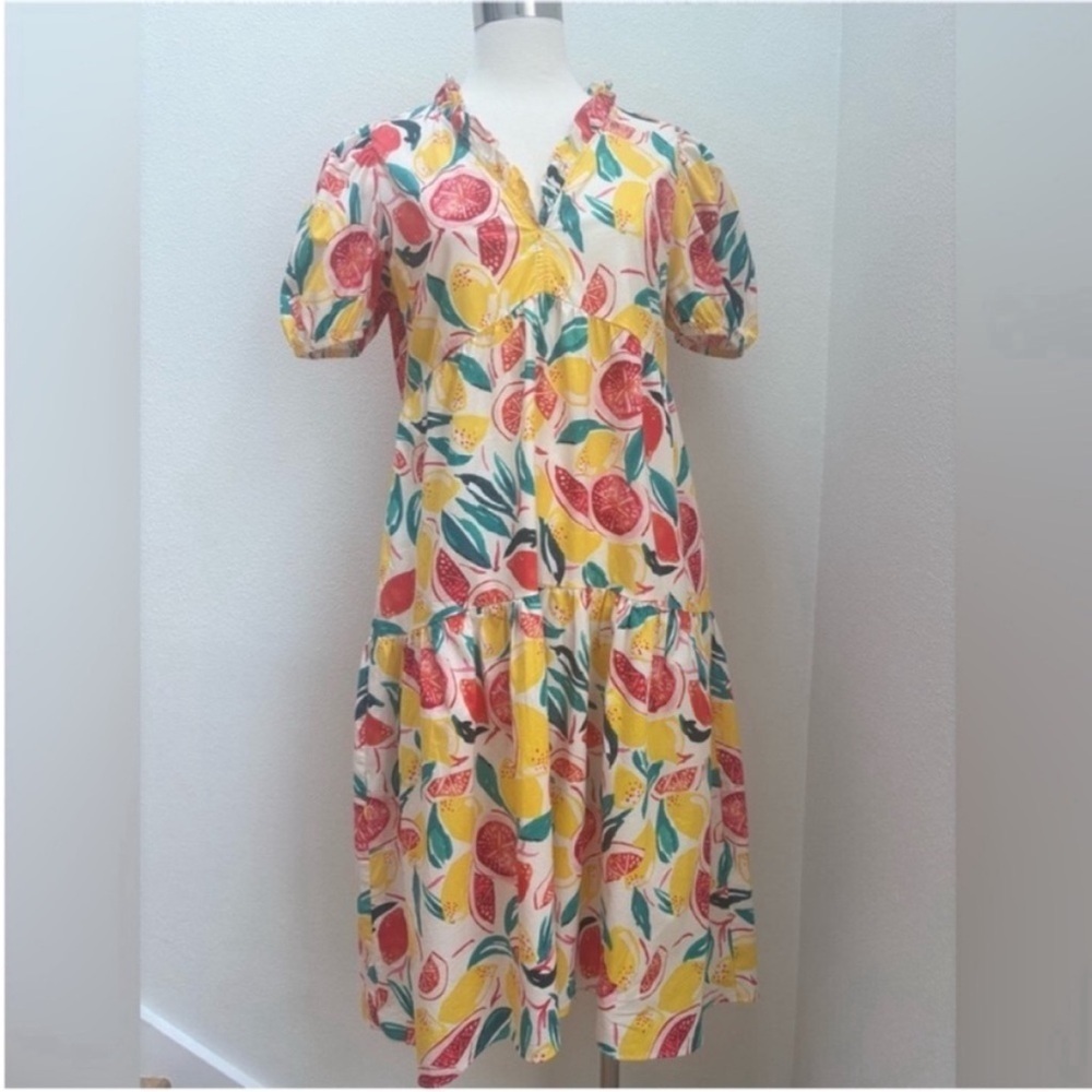 Donna Morgan Floral Dress Citrus Tiered Square Neck Cotton Yellow Red Size 6 - Picture 2 of 13